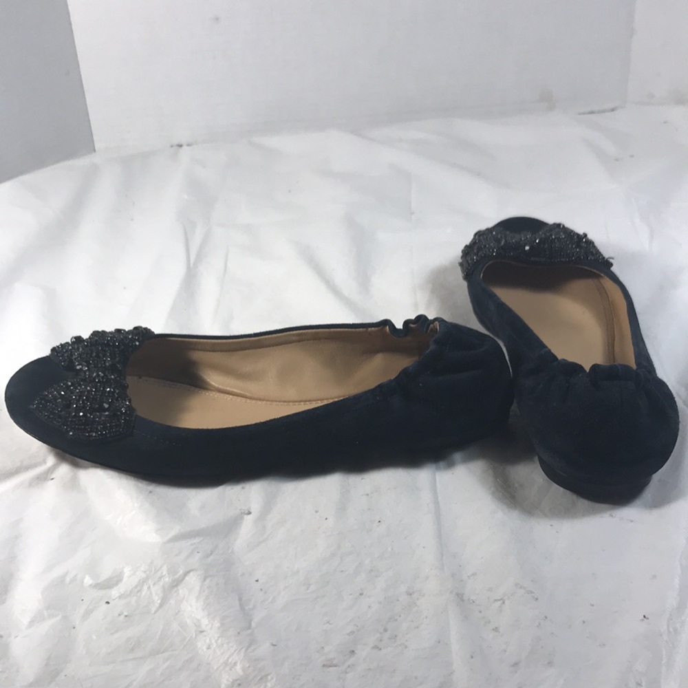 Tory Burch Women's Black Suede With Black Crystal Bows Slip On Ballet Flats - Picture 6 of 9